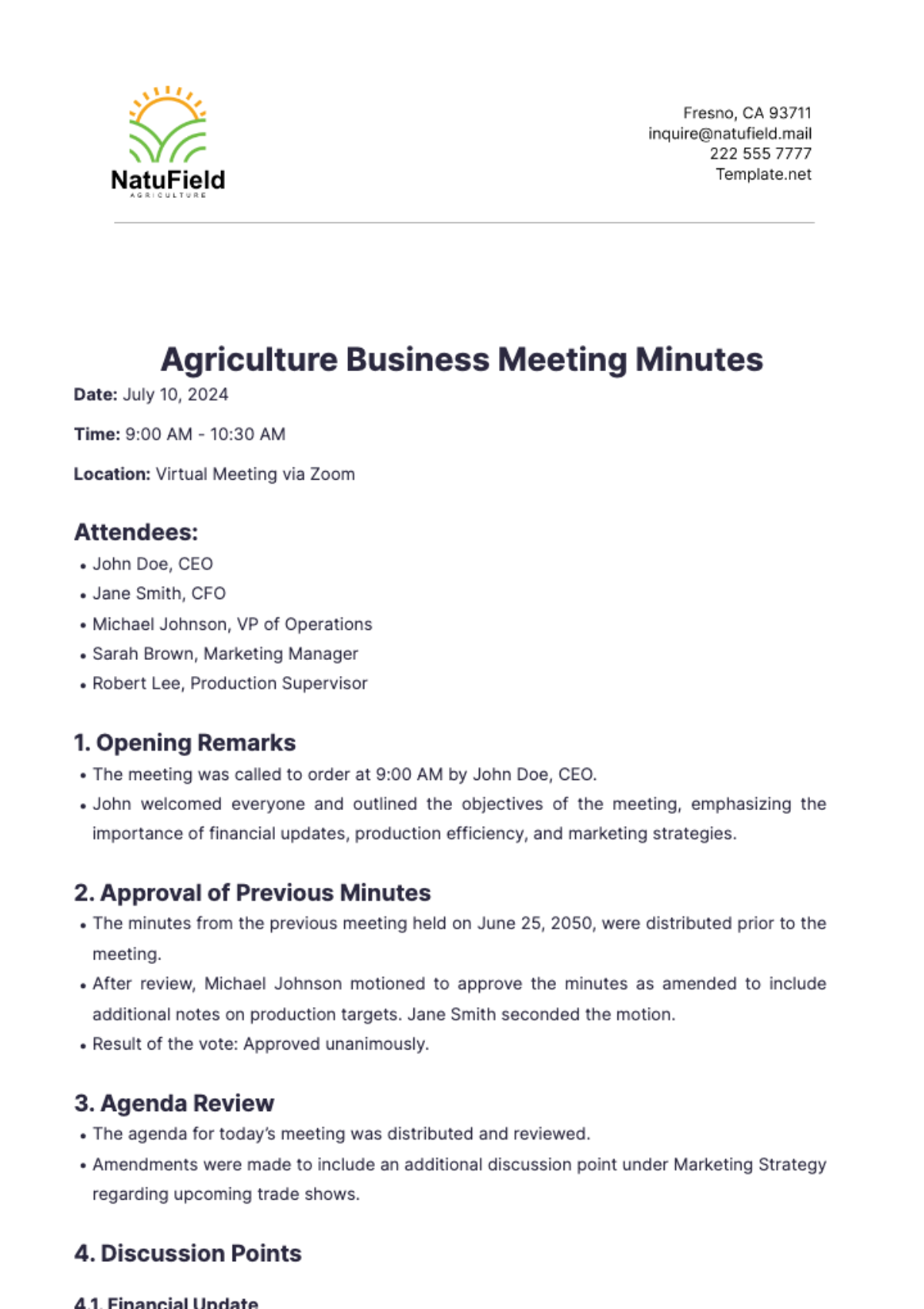 Agriculture Business Meeting Minutes Template - Edit Online & Download