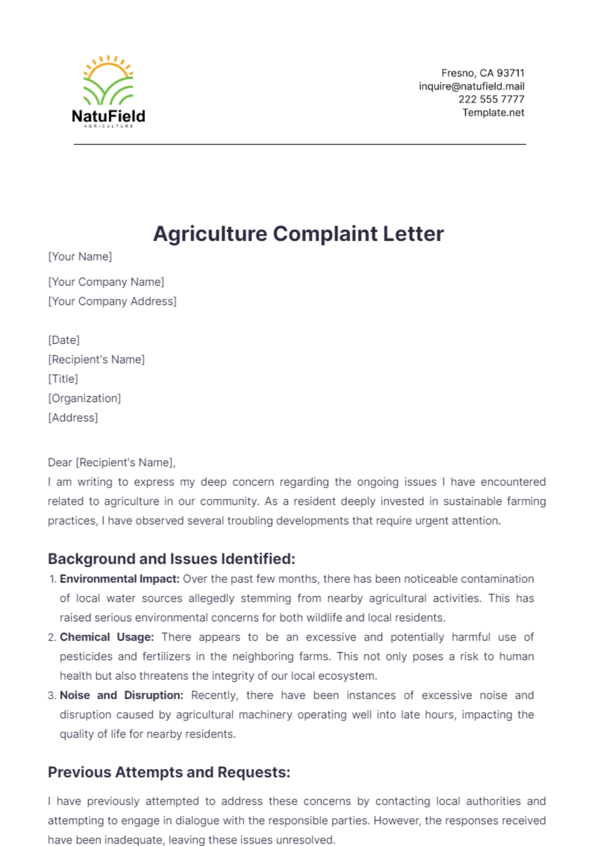 Agriculture Complaint Letter Template - Edit Online & Download