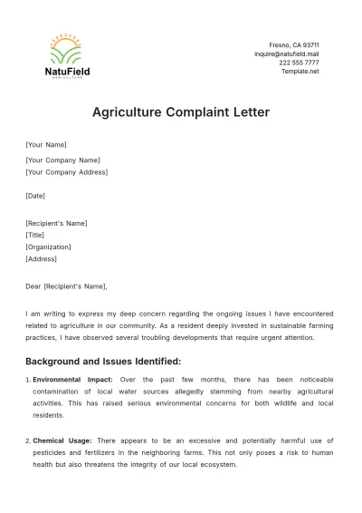Free Agriculture Complaint Letter Template to Edit Online
