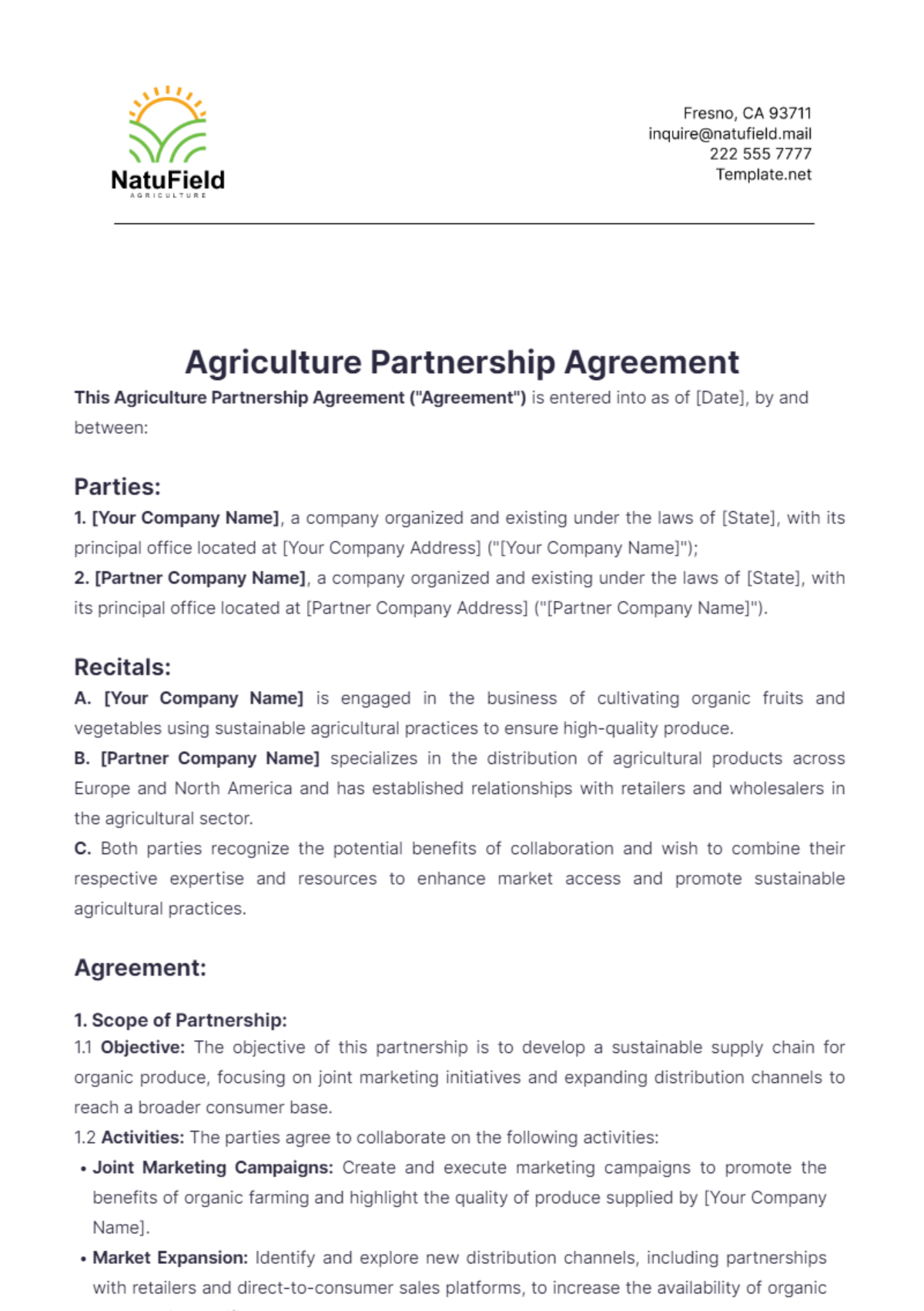 Agriculture Partnership Agreement Template - Edit Online & Download