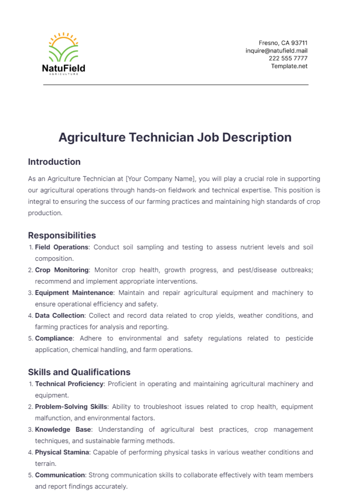 Agriculture Technician Job Description Template - Edit Online & Download