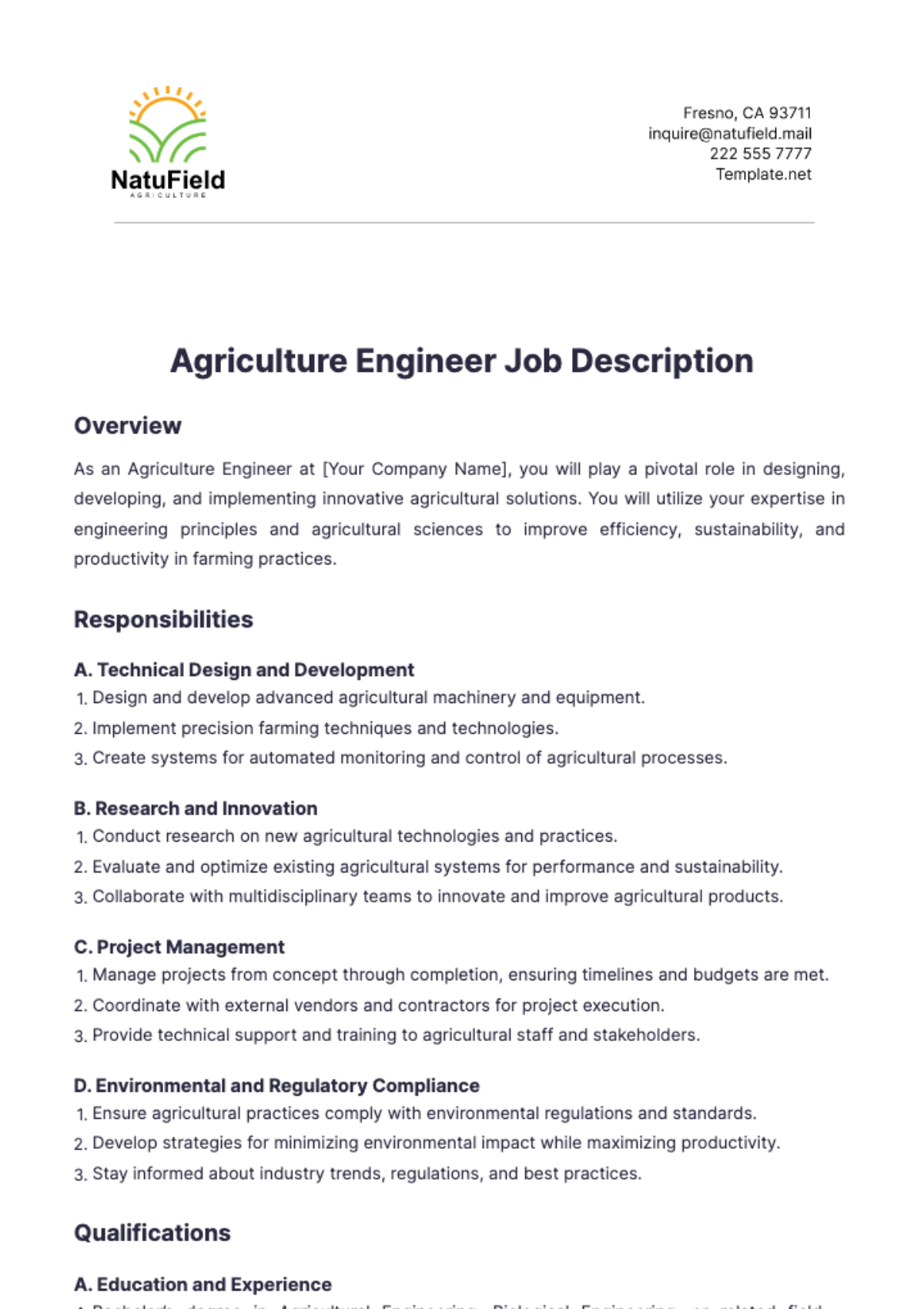 Agriculture Engineer Job Description Template - Edit Online & Download