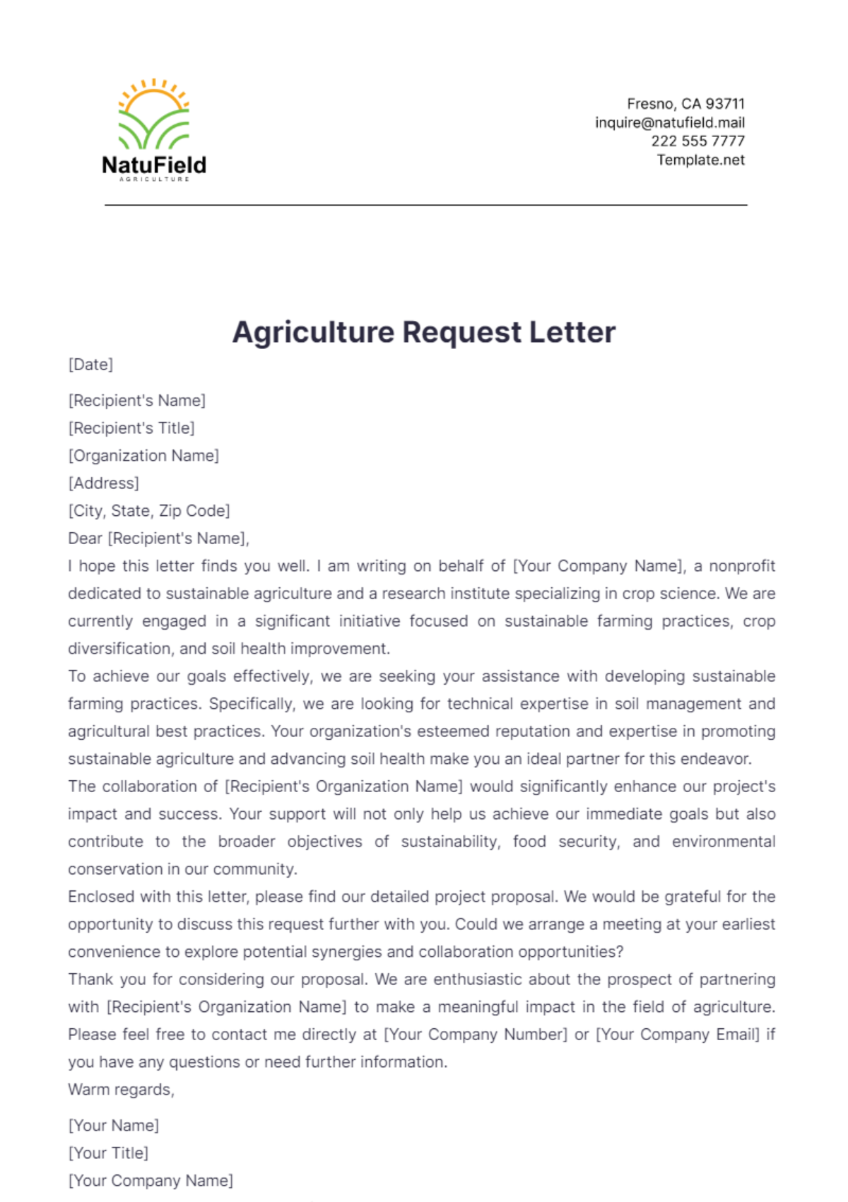 Agriculture Request Letter Template