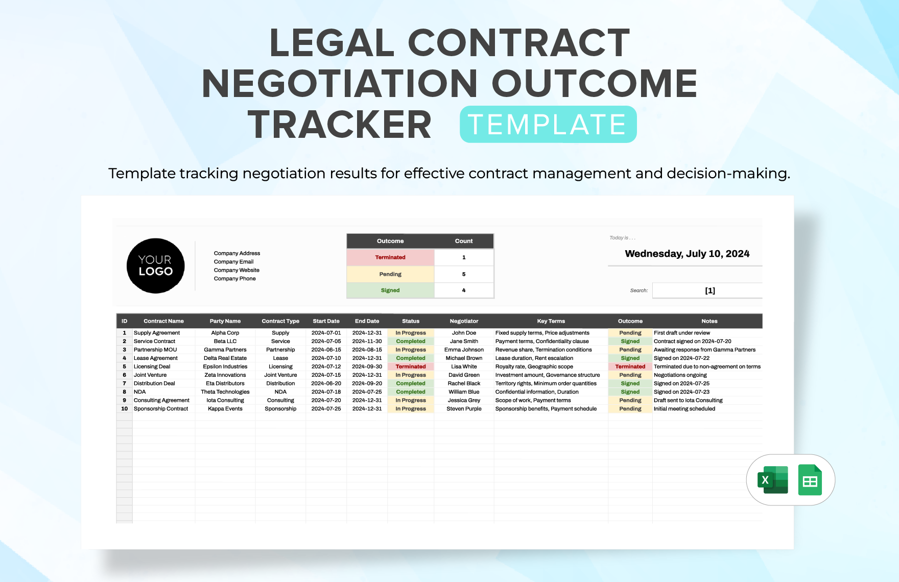 Legal Contract Negotiation Outcome Tracker Template in Excel, Google Sheets