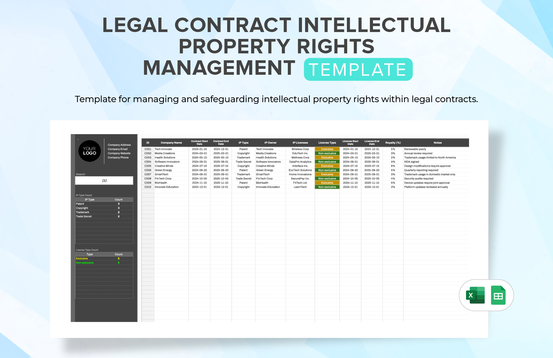 Legal Contract Intellectual Property Rights Management Template in Excel, Google Sheets