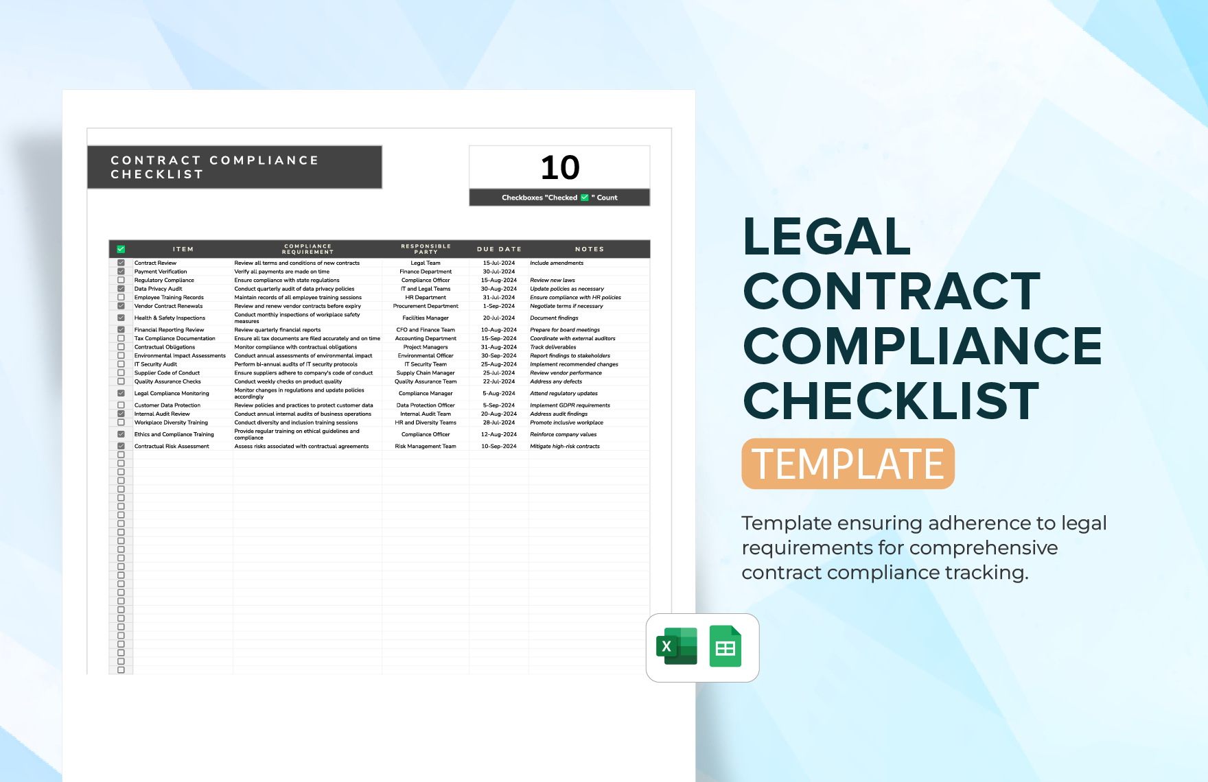 Legal Contract Compliance Checklist Template in Excel, Google Sheets
