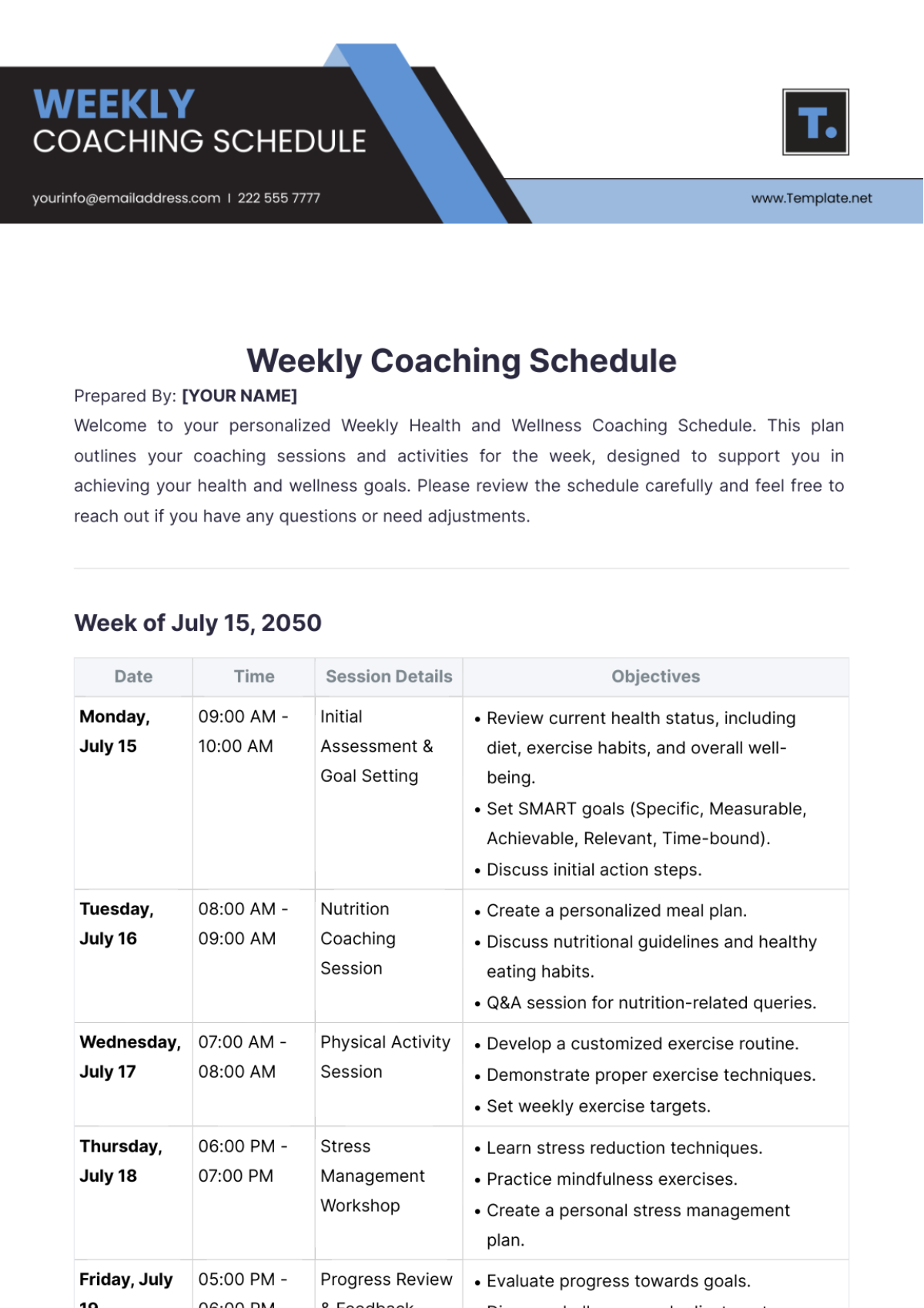 Weekly Coaching Schedule Template - Edit Online & Download