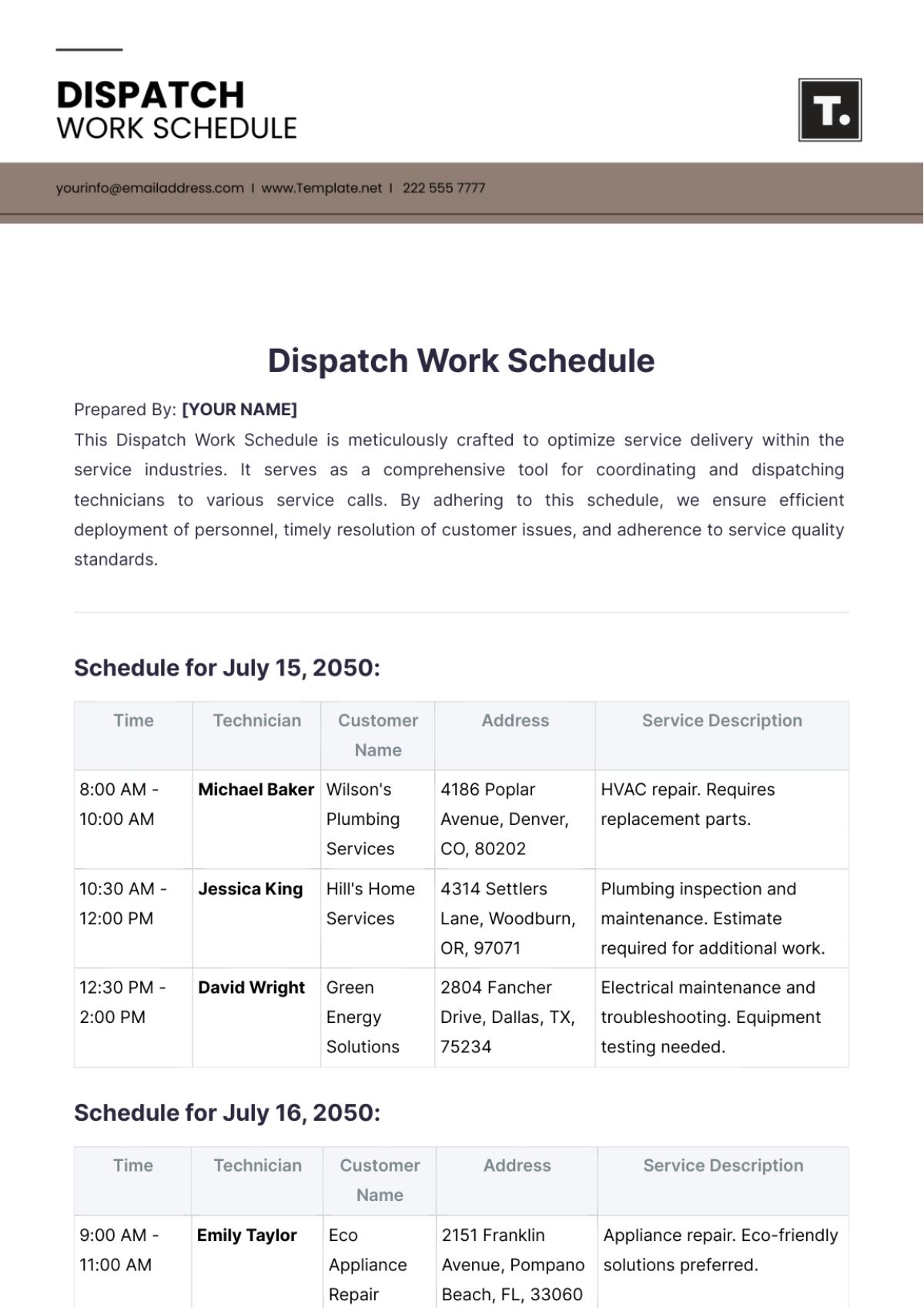 Dispatch Work Schedule Template - Edit Online & Download