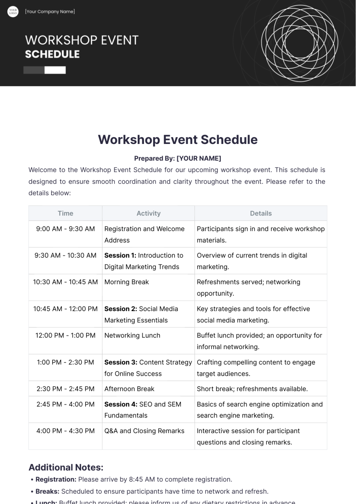 Workshop Event Schedule Template - Edit Online & Download