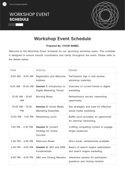 Free Workshop Event Schedule Template to Edit Online