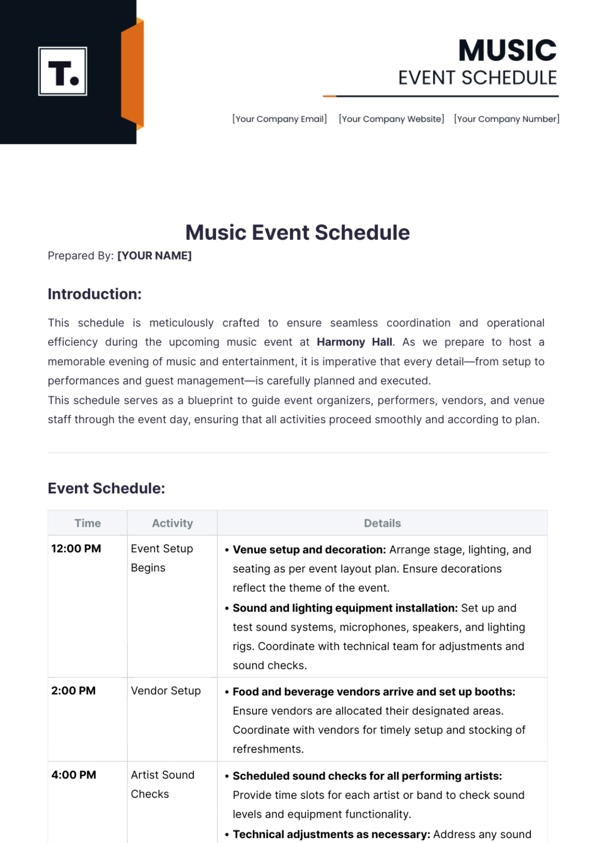 Music Event Schedule Template - Edit Online & Download