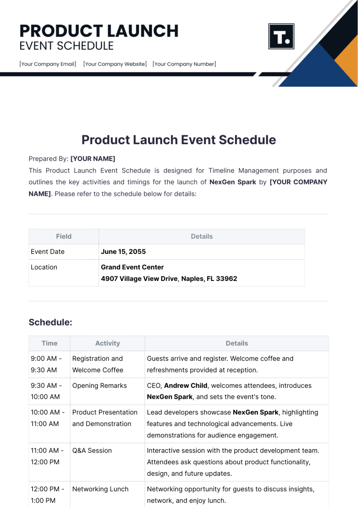 Product Launch Event Schedule Template - Edit Online & Download