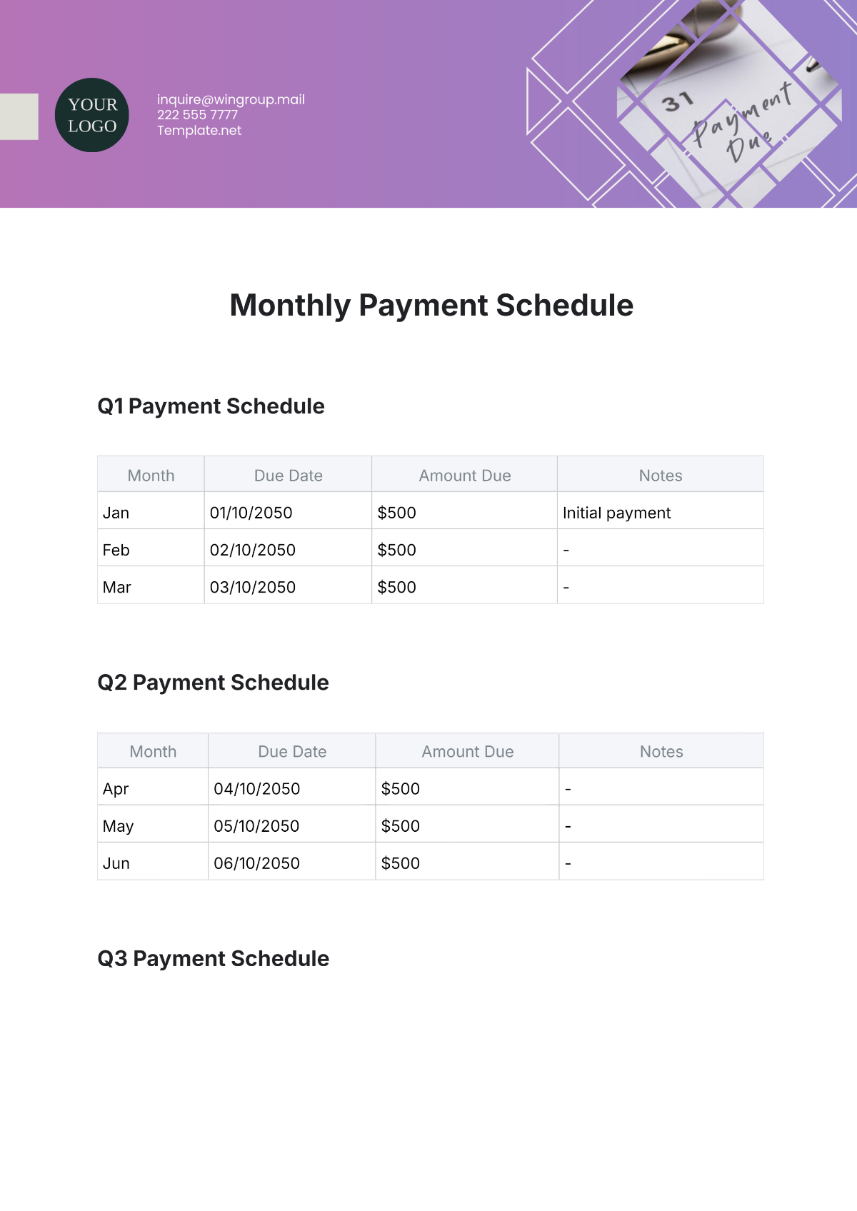 Monthly Payment Schedule Outline Template - Edit Online & Download