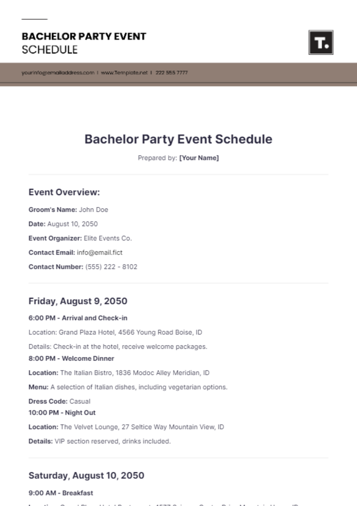 Bachelor Party Event Schedule Template - Edit Online & Download