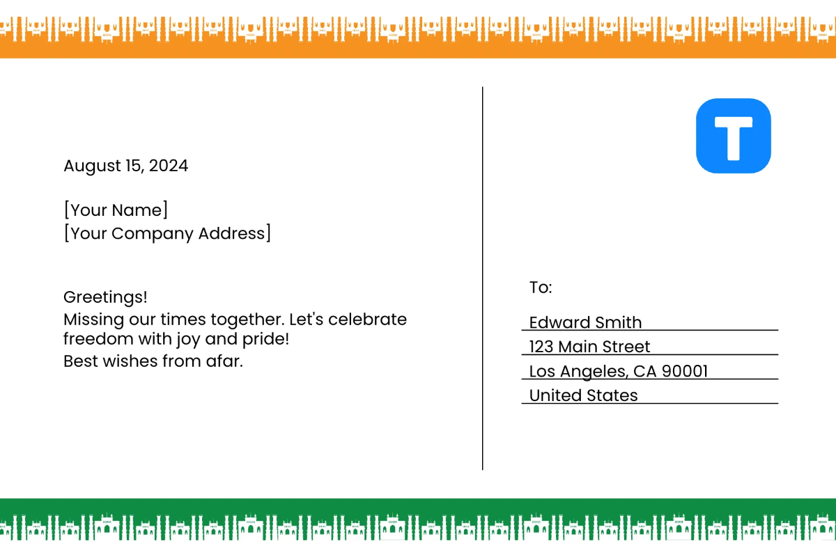 Free India Independence Day Post Card Template to Edit Online