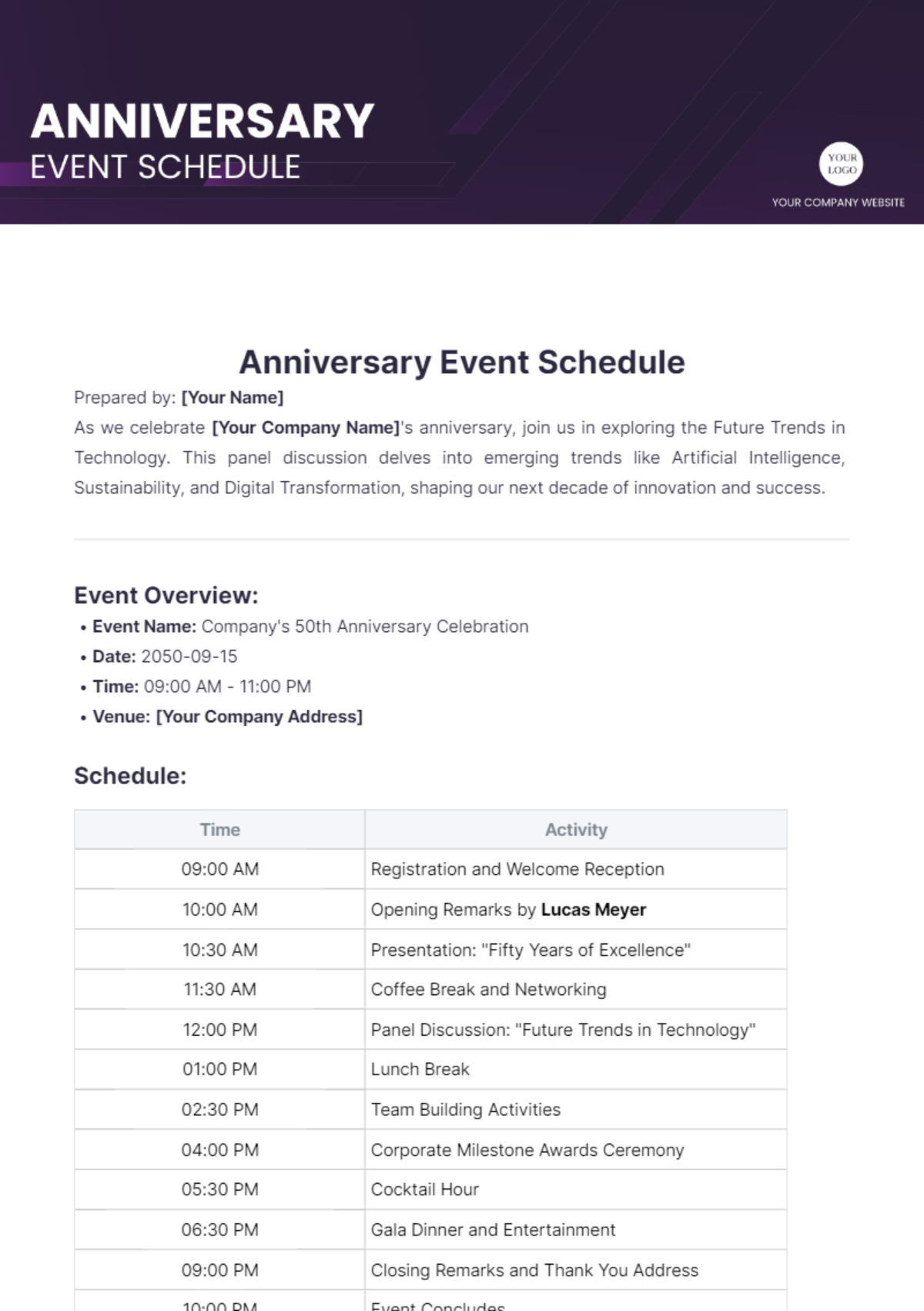 Anniversary Event Schedule Template - Edit Online & Download