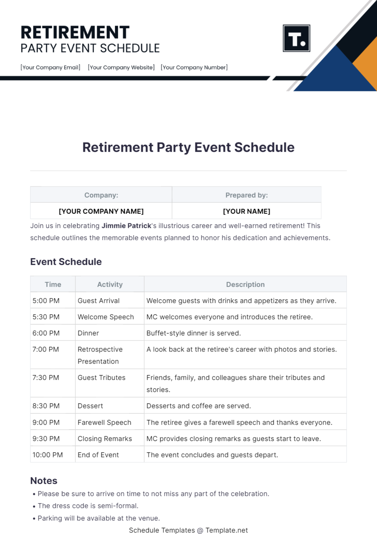 Retirement Party Event Schedule Template - Edit Online & Download