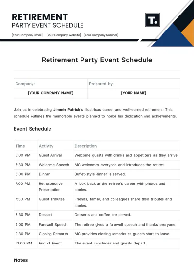 Free Retirement Party Event Schedule Template to Edit Online