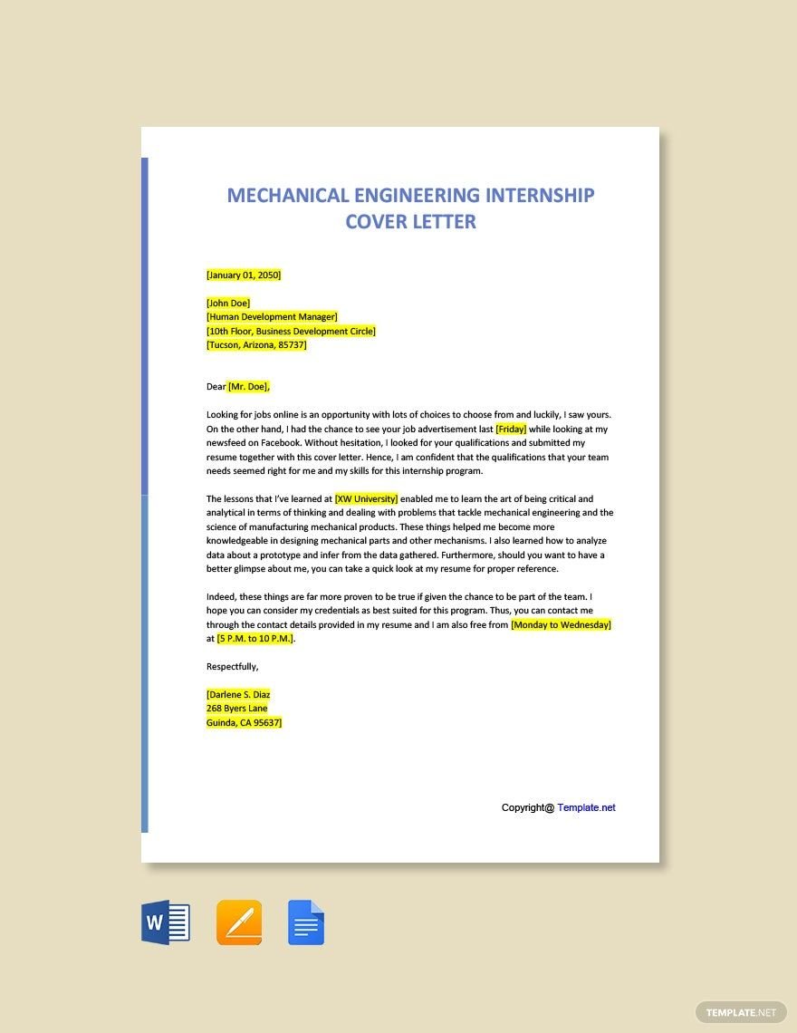 Mechanical Engineering Internship Cover Letter