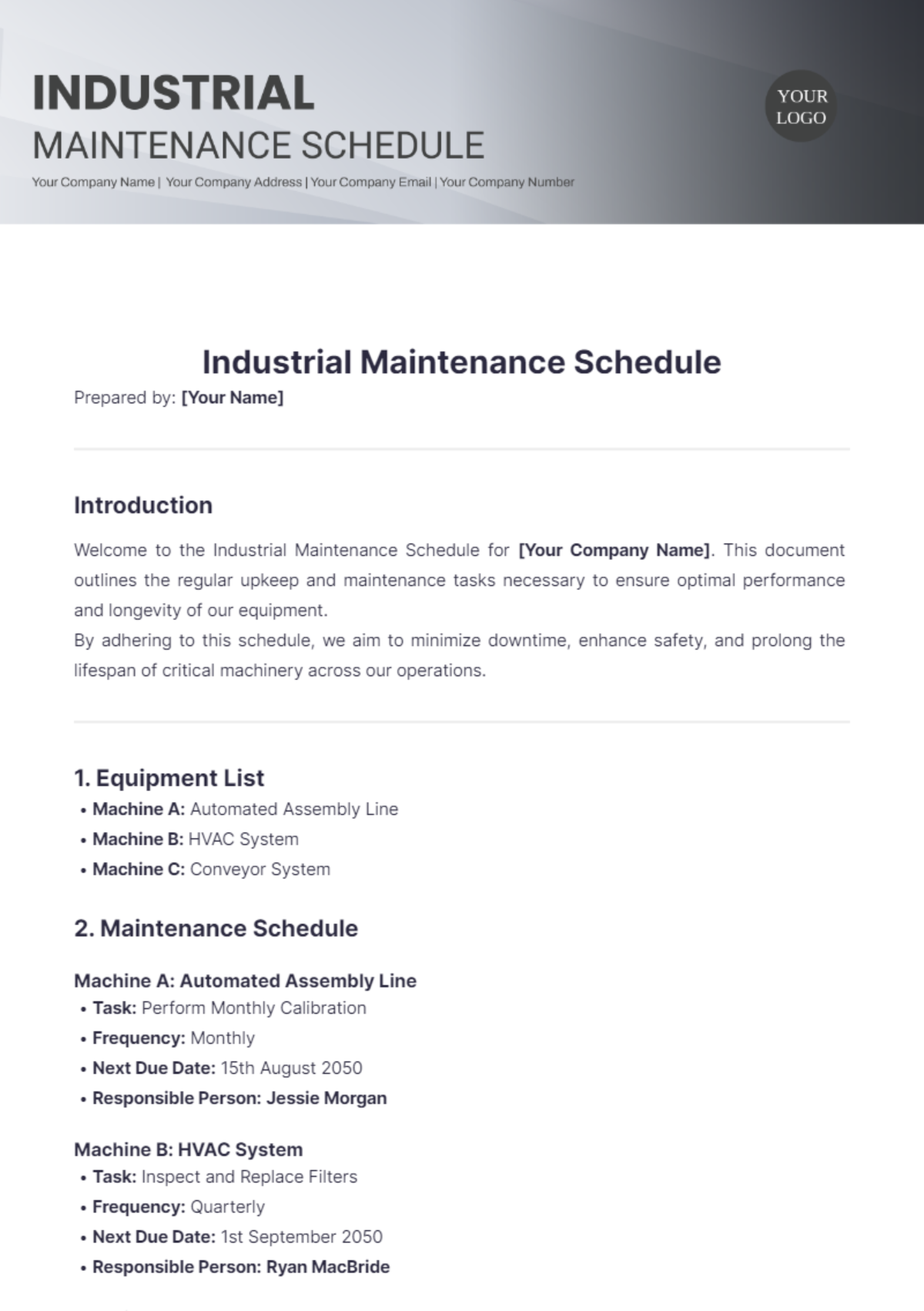 Industrial Maintenance Schedule Template - Edit Online & Download