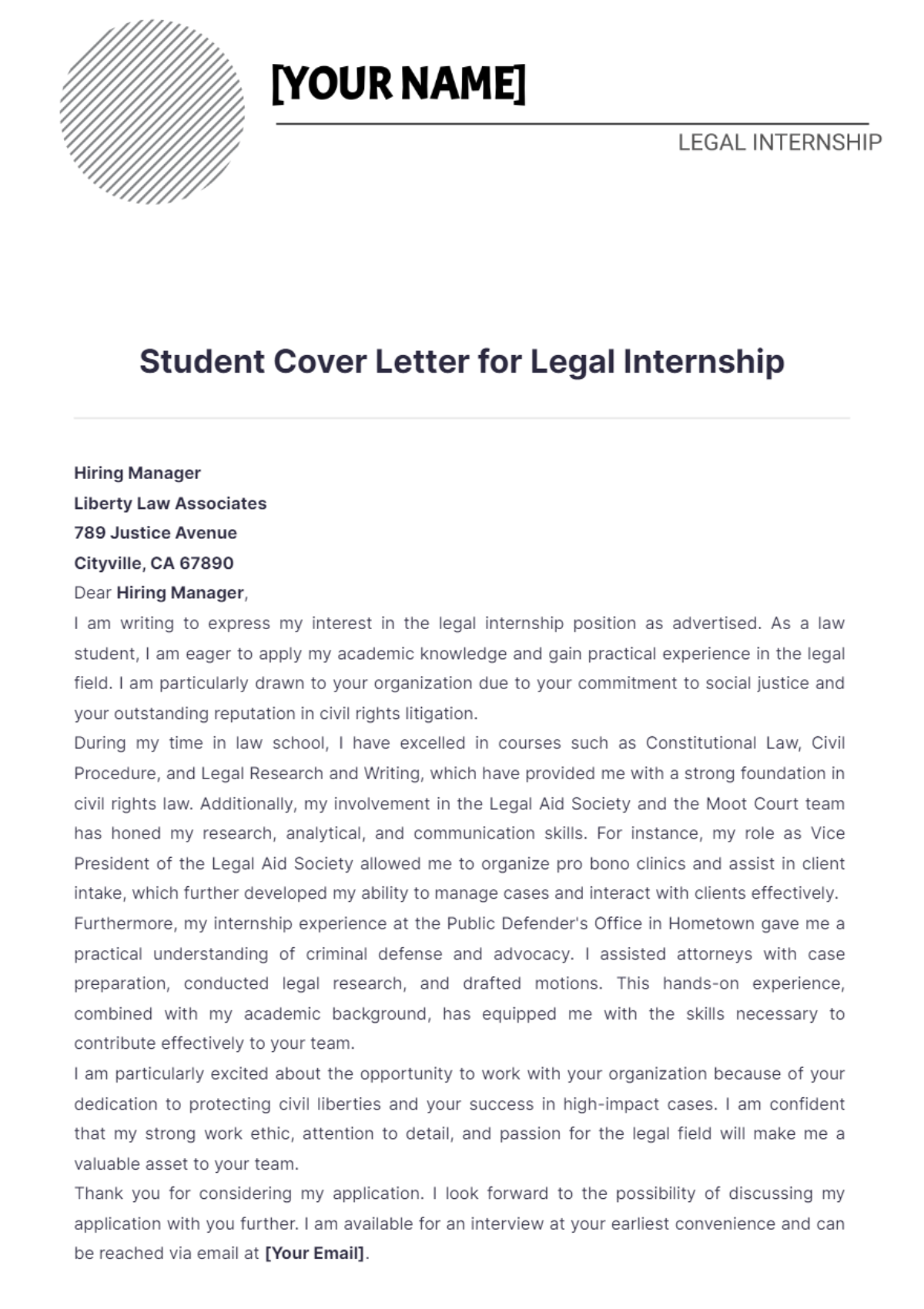 Student Cover Letter for Legal Internship - Edit Online & Download