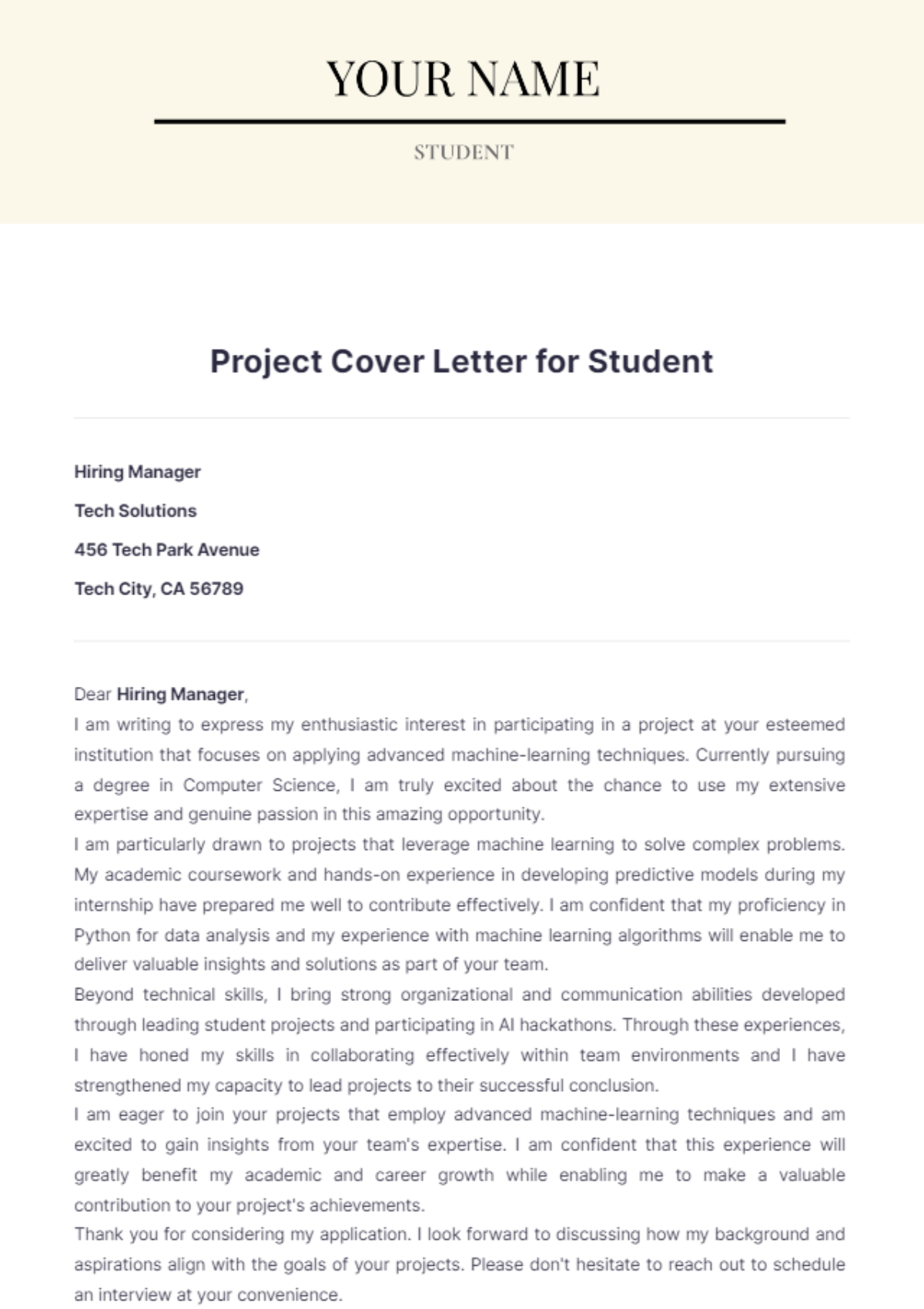 Project Cover Letter for Student - Edit Online & Download