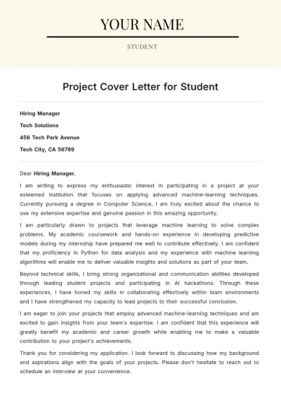 Free Project Cover Letter for Student to Edit Online