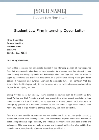 Free Student Law Firm Internship Cover Letter to Edit Online