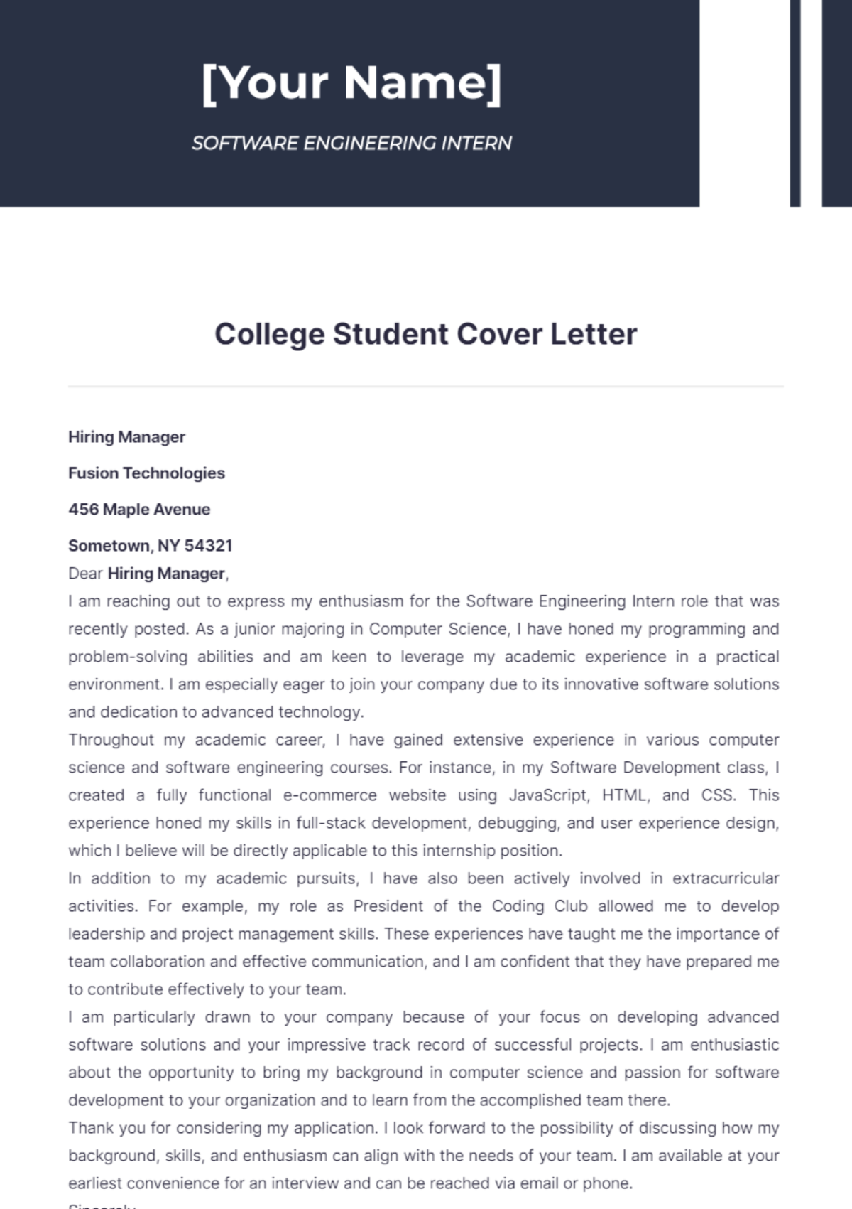 College Student Cover Letter Edit Online Download Example   College Student Cover Letter Edit Online 