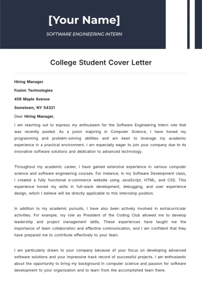 Free College Student Cover Letter to Edit Online