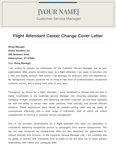 Free Flight Attendant Career Change Cover Letter to Edit Online