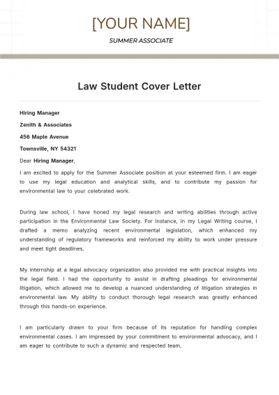 Free Law Student Cover Letter to Edit Online