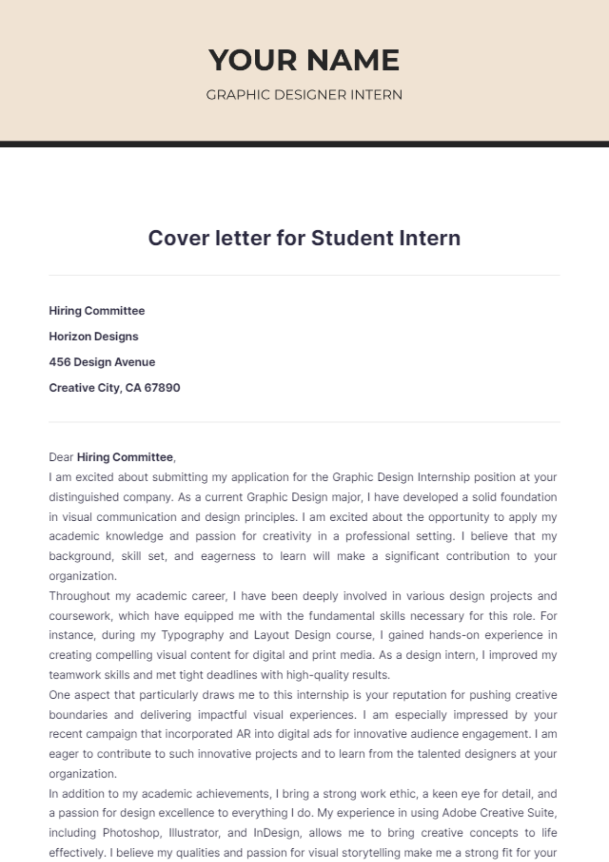 Cover letter for Student Intern - Edit Online & Download