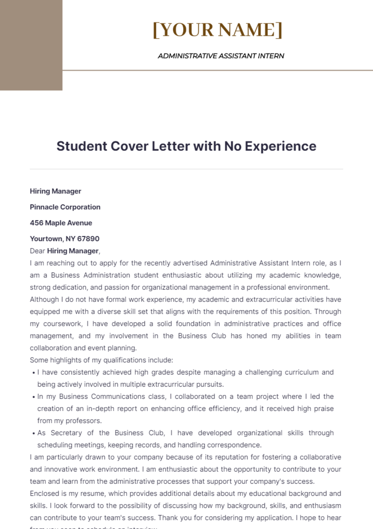 Student Cover Letter with No Experience - Edit Online & Download