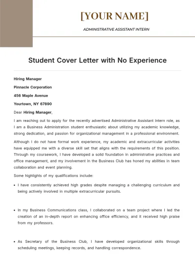 Free Student Cover Letter with No Experience to Edit Online