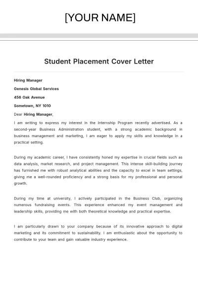 Free Student Placement Cover Letter to Edit Online