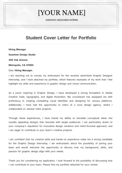 Free Student Cover Letter for Portfolio to Edit Online