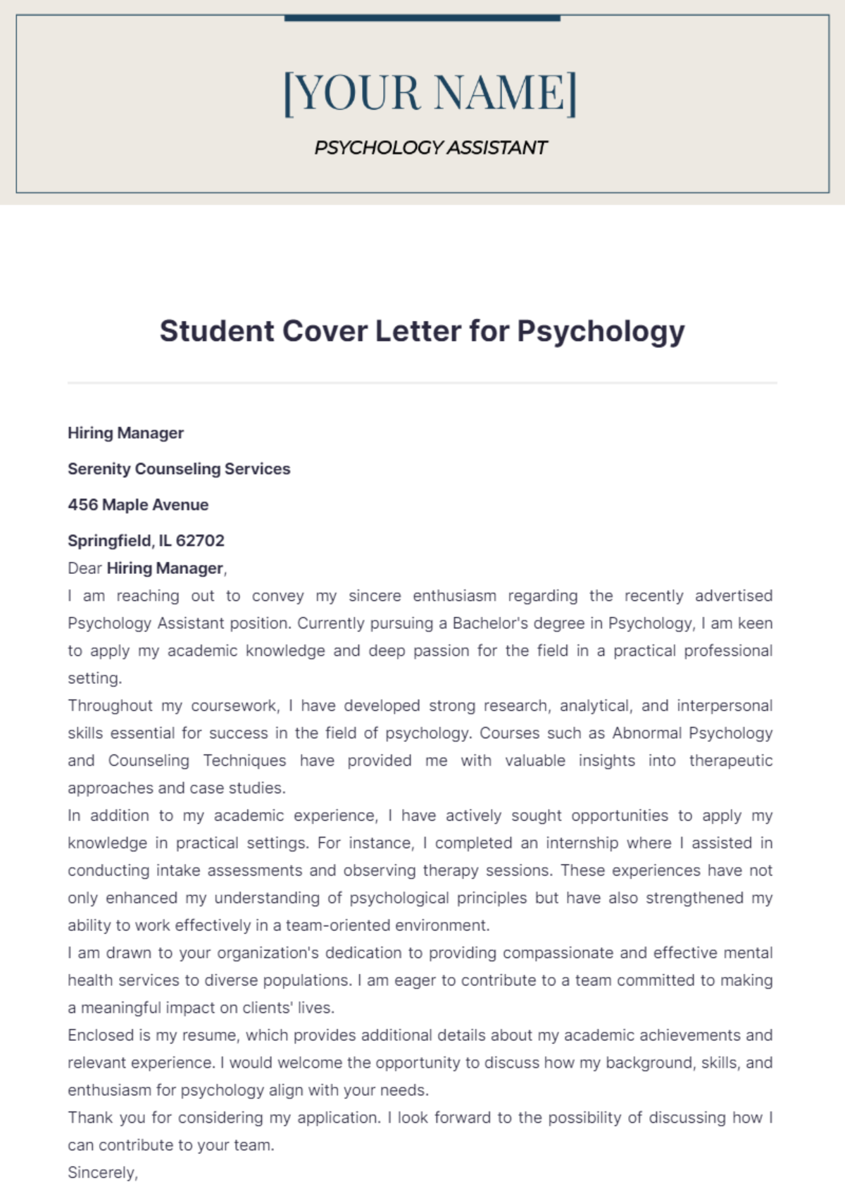 Student Cover Letter for Psychology - Edit Online & Download