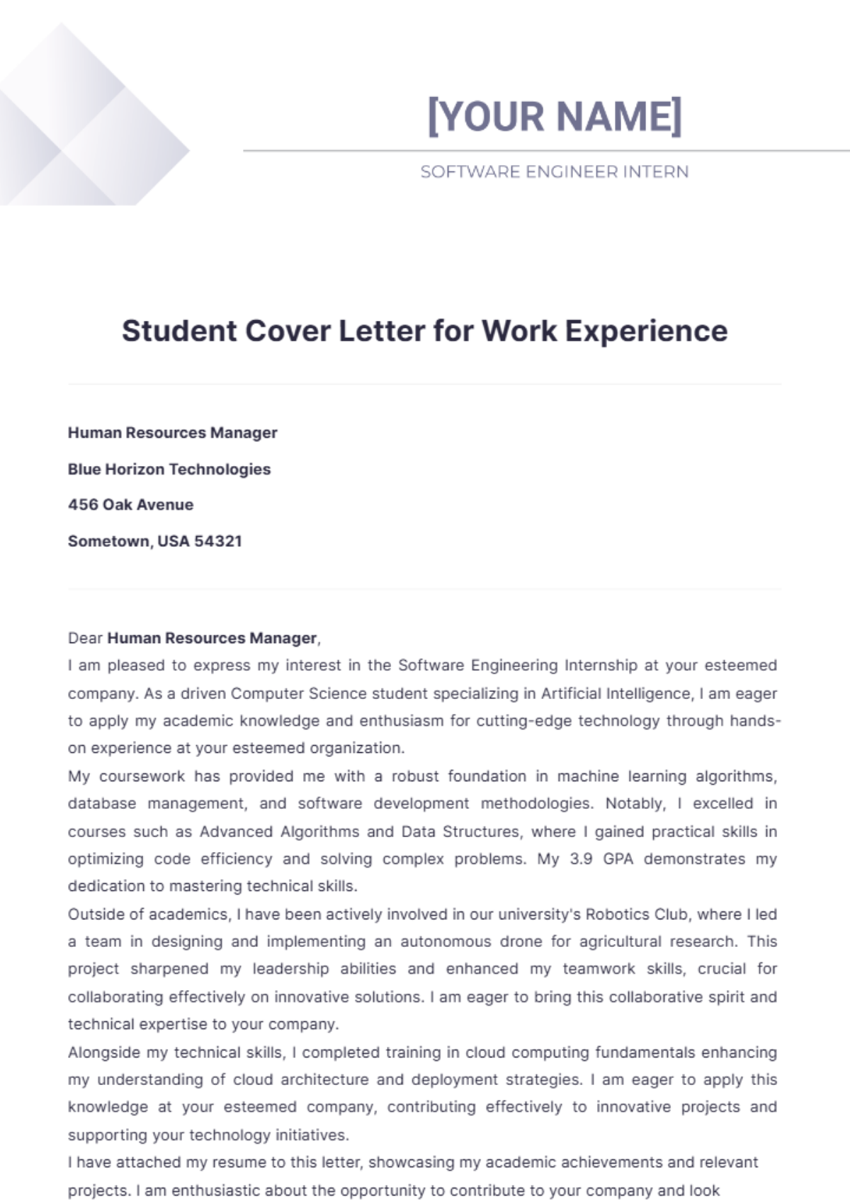 Student Cover Letter for Work Experience - Edit Online & Download