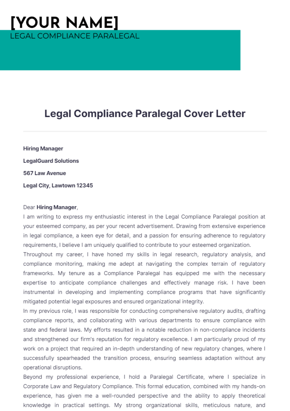 Legal Compliance Paralegal Cover Letter - Edit Online & Download