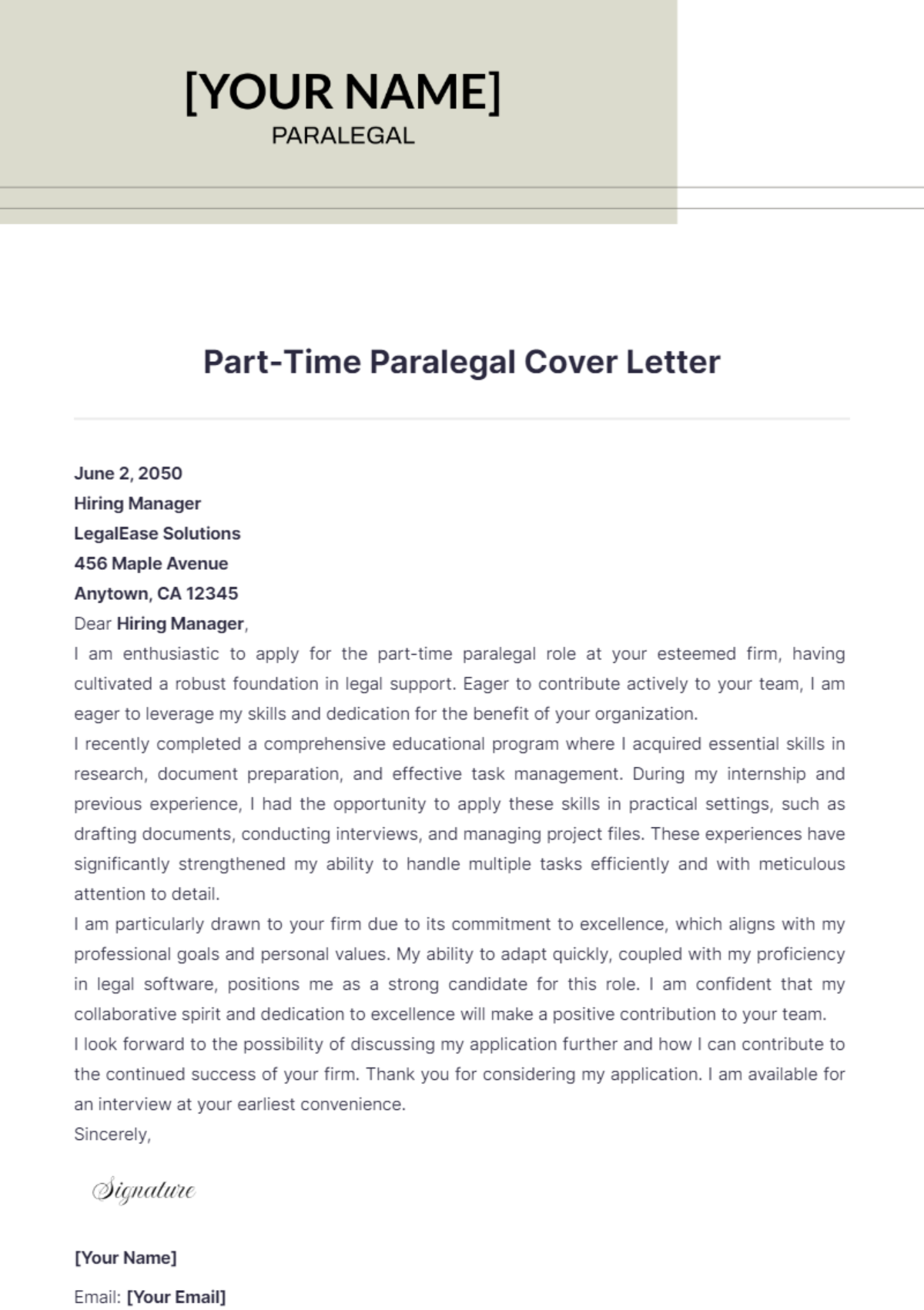 Part-Time Paralegal Cover Letter