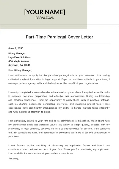 Free Part-Time Paralegal Cover Letter to Edit Online