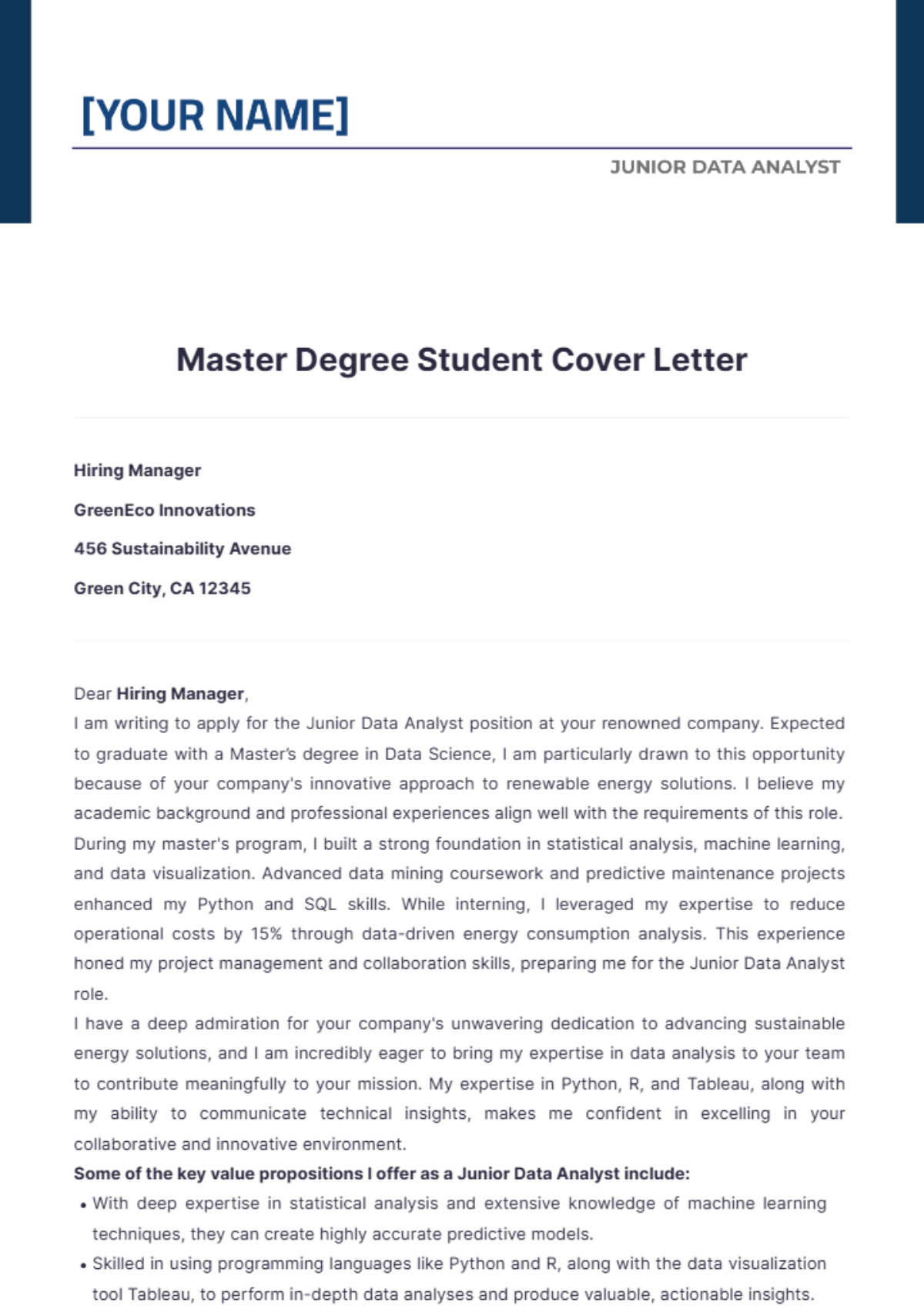 Master Degree Student Cover Letter - Edit Online & Download