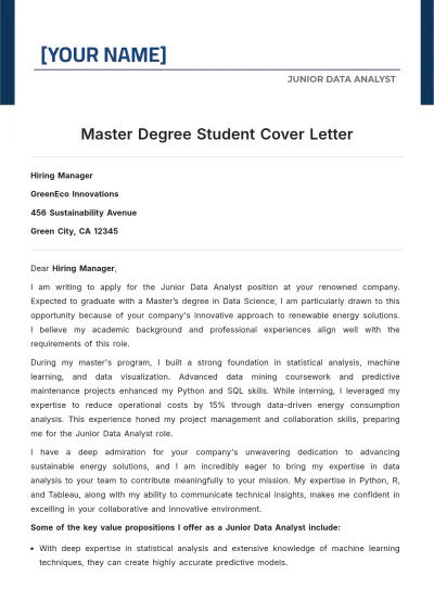 Free Master Degree Student Cover Letter to Edit Online