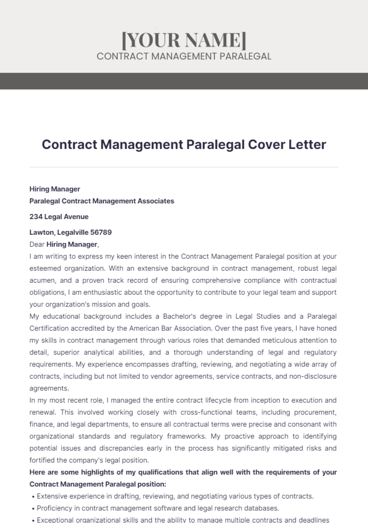 Contract Management Paralegal Cover Letter - Edit Online & Download