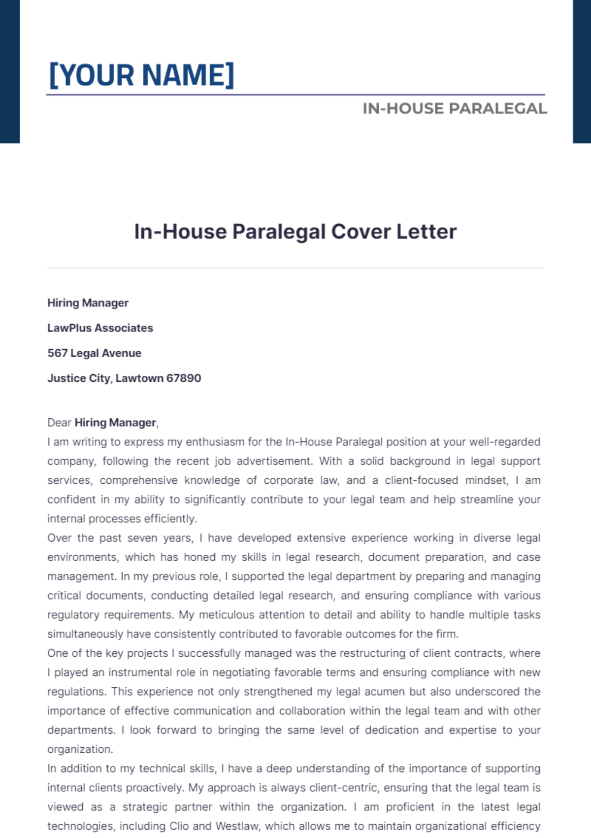 In-House Paralegal Cover Letter