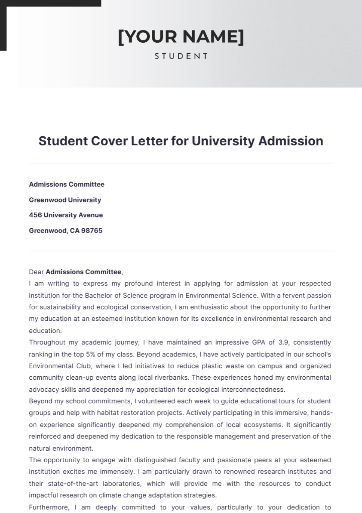 Student Cover Letter for University Admission