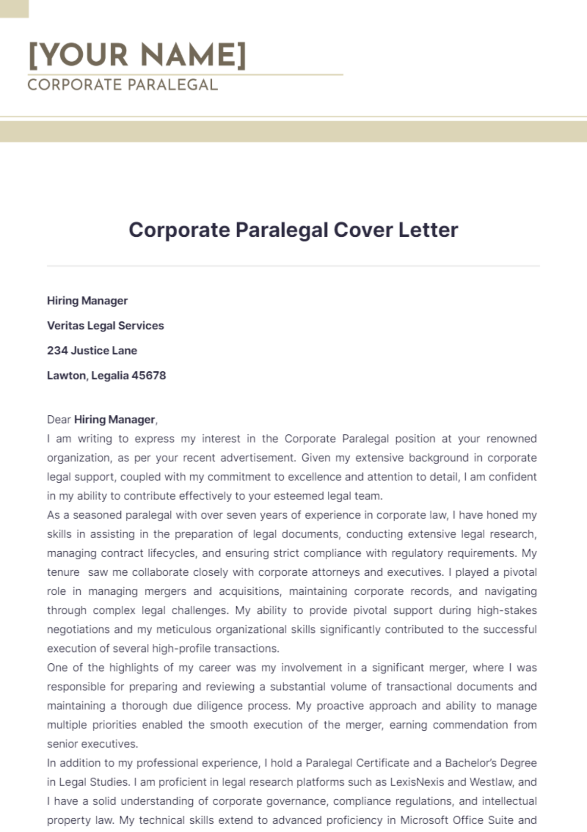 Corporate Paralegal Cover Letter