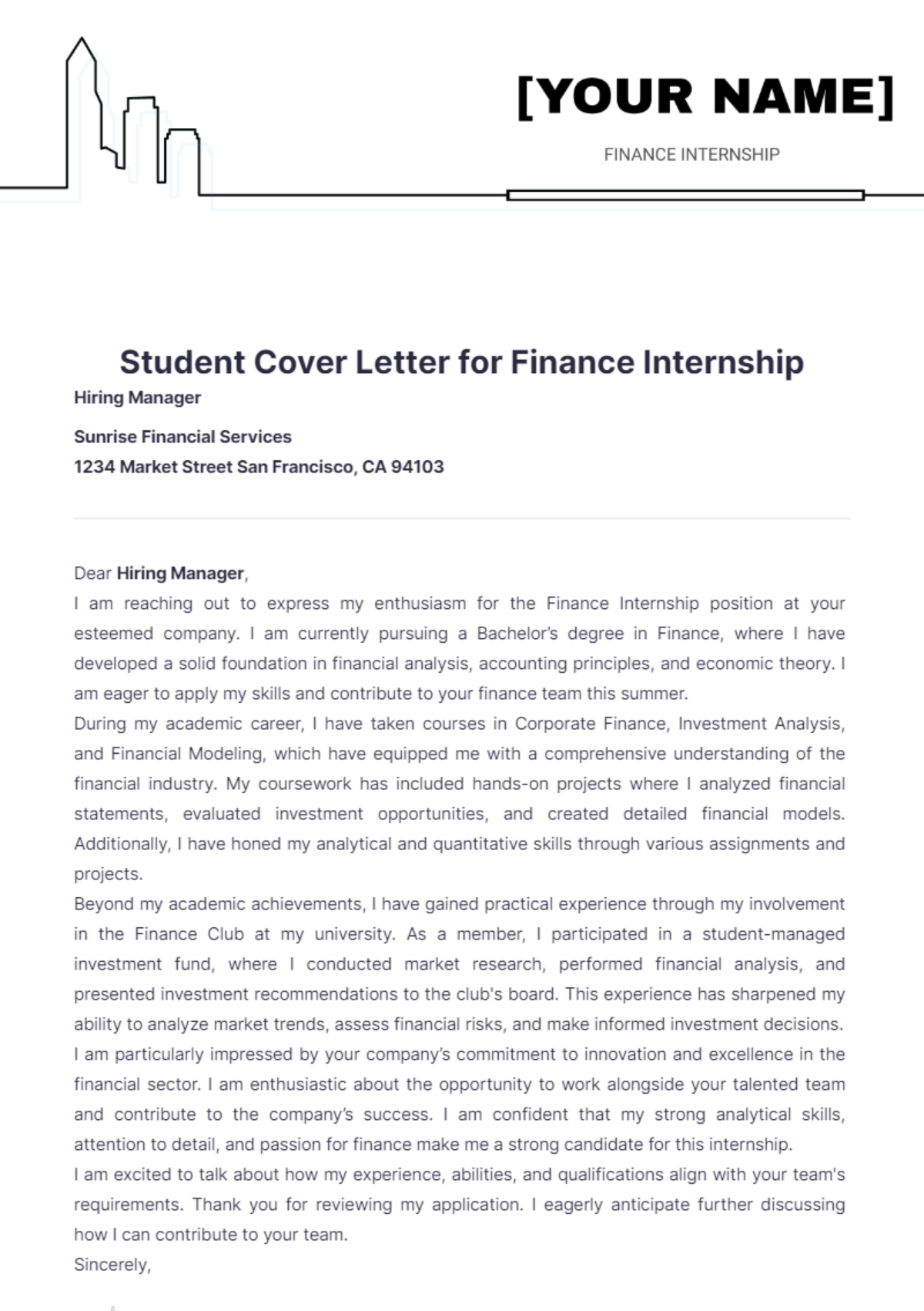 Student Cover Letter for Finance Internship - Edit Online & Download