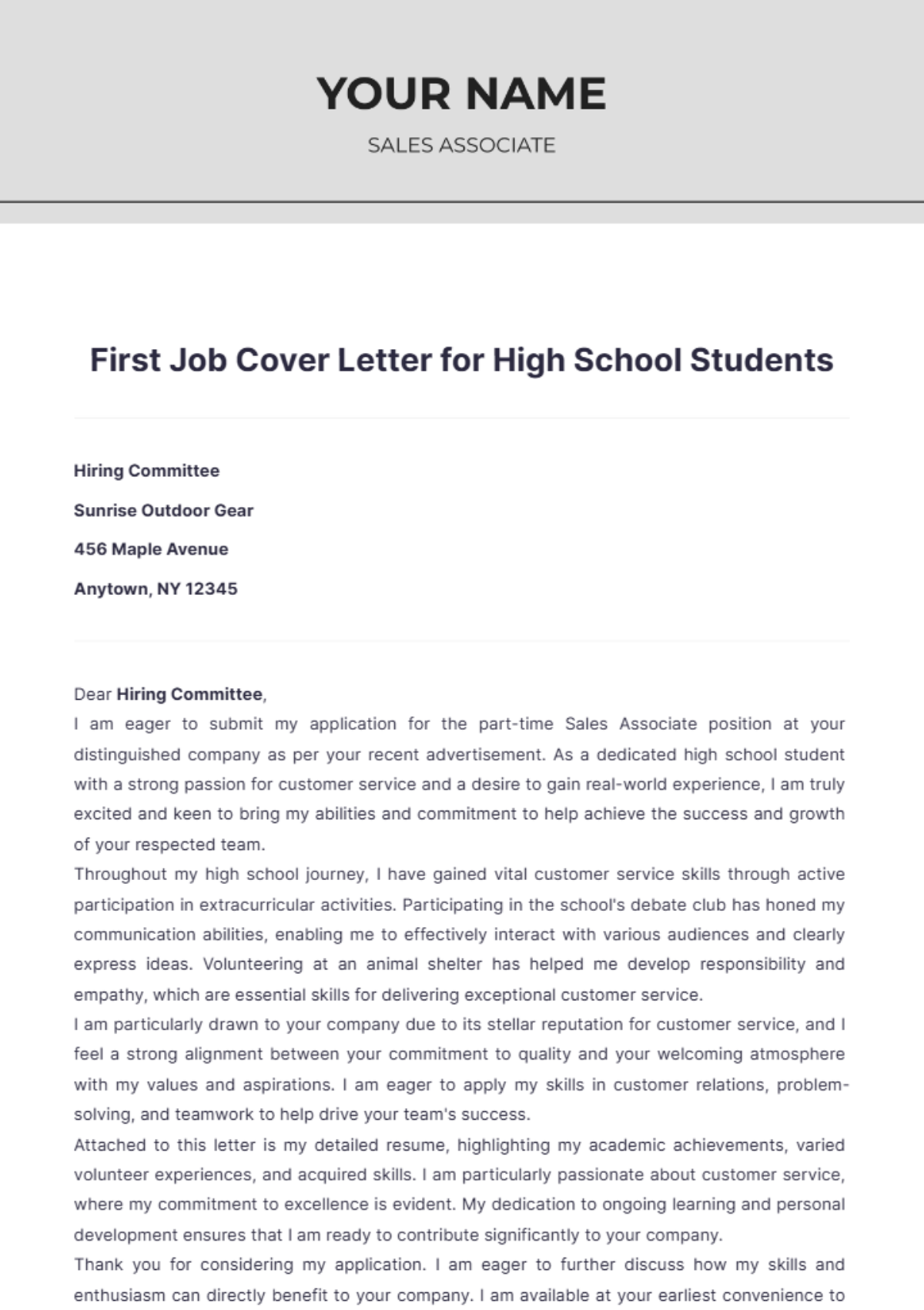 First Job Cover Letter for High School Students - Edit Online & Download